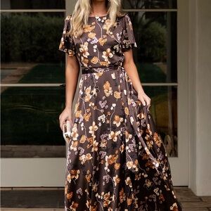 Baltic Born Brown Floral Maxi Dress with Golden-Tan Blooms